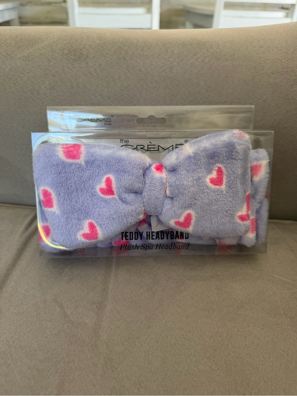 The crème shop Headband Plush Spa Headband - Lavender with Pink Hearts